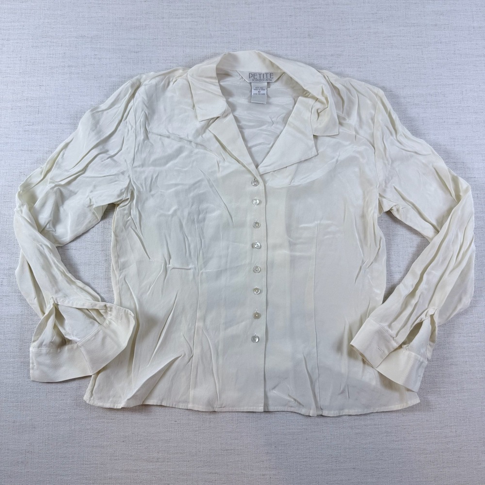 Petite Sophisticate Ivory 100% Silk Button Down Blouse Long Sleeve Top Size 10